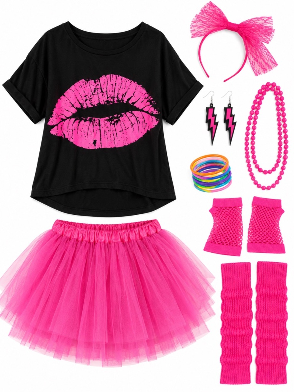 New - 80s Women’s Costume includes Neon Pink Tutu, Shirt, and Accessories